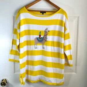 Bau Bau Lemon Yellow and White Striped Lama Crew Neck Sweater Size Large